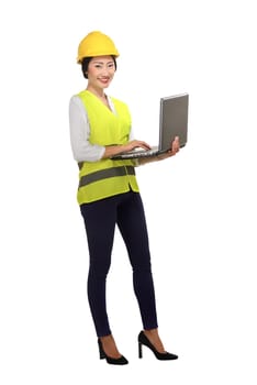 Asian worker woman holding laptop isolated over white background