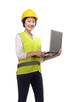 Asian worker woman holding laptop isolated over white background