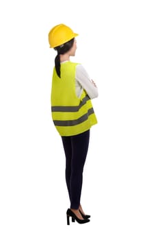 Asian woman wear had hat and safety vest isolated over white background
