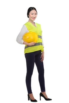 Asian woman wear had hat and safety vest isolated over white background