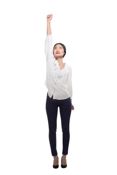 Asian business woman flying isolated over white background