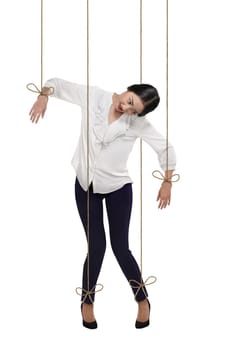 Asian business woman have string attached to her body. Marionette doll concept
