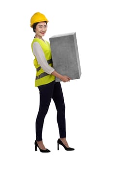 Asian business woman lift heavy box isolated over white background