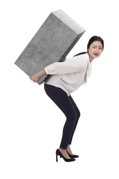 Asian business woman lift heavy box isolated over white background