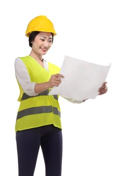 Asian woman wear had hat and safety vest looking blueprint isolated over white background