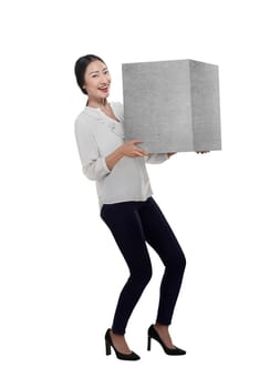 Asian business woman lift heavy box isolated over white background