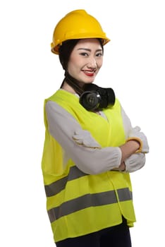 Asian woman wear had hat and safety vest isolated over white background