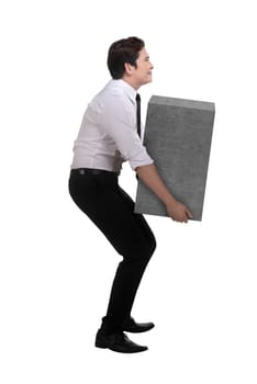 Asian business man lift heavy box isolated over white background