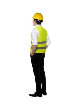 Back view of asian worker wearing safety vest and yellow helmet isolated over white background