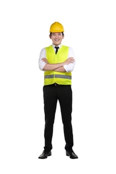 Asian worker wearing safety vest and yellow helmet isolated over white background