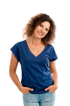 Portrait of a smiling middle aged woman, isolated on white background
