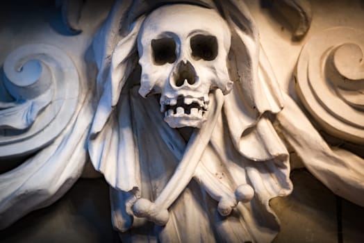 Human skull and bones as decoration of church interior in Sweden, Scandinavia, Europe