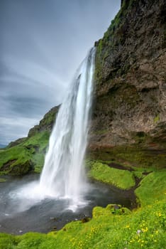 Beautiful and dramatic Seljalandsfoss waterfalls in Iceland