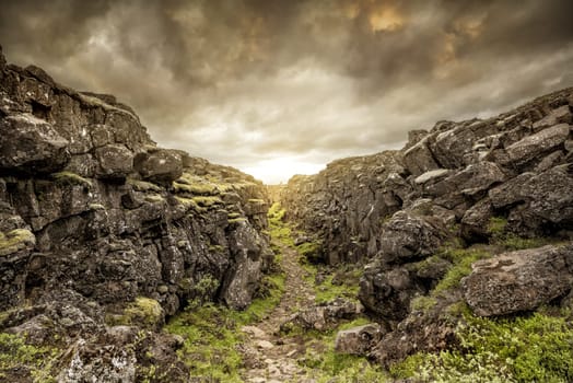 Beautiful entrance to Oxarafoss waterfalls in Iceland