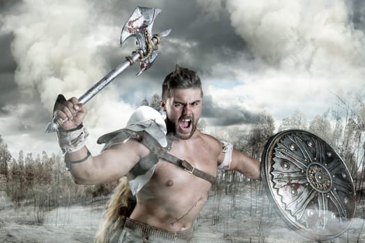 Ancient warrior or Gladiator fighting in a burned forest
