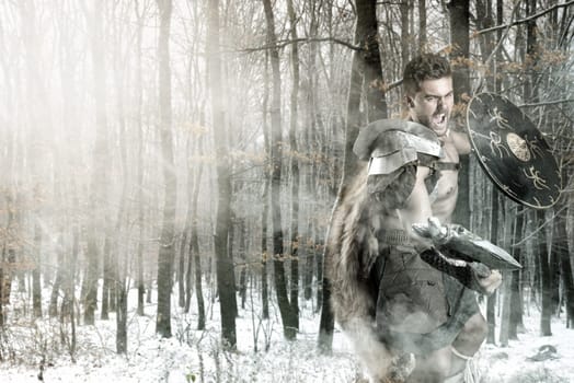 Ancient warrior or Gladiator outdoors with an axe