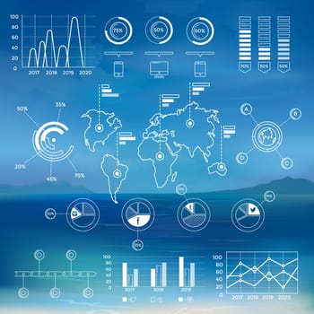 Flat linear infographic elements of social media, social networking, mobile app, sharing, communication, and social commerce.