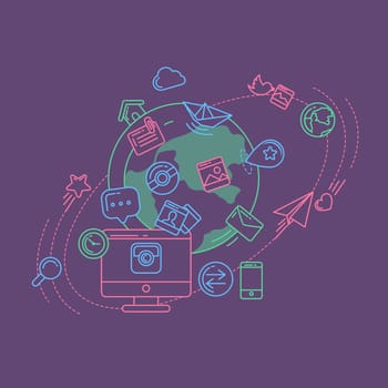 Flat linear infographic elements of social media, social networking, mobile app, sharing, communication, and social commerce.