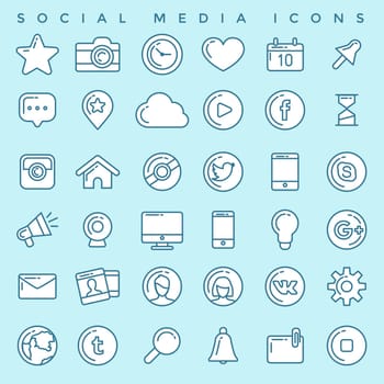 Flat linear infographic elements of social media, social networking, mobile app, sharing, communication, and social commerce.