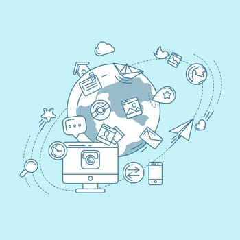 Flat linear infographic elements of social media, social networking, mobile app, sharing, communication, and social commerce.