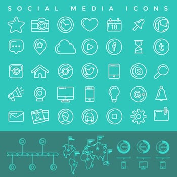 Flat linear infographic elements of social media, social networking, mobile app, sharing, communication, and social commerce.