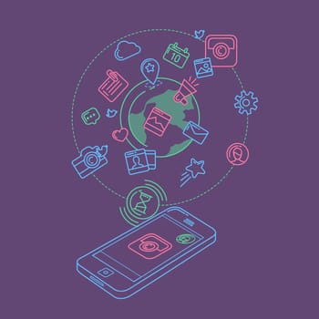 Flat linear infographic elements of social media, social networking, mobile app, sharing, communication, and social commerce.