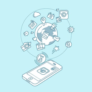 Flat linear infographic elements of social media, social networking, mobile app, sharing, communication, and social commerce.