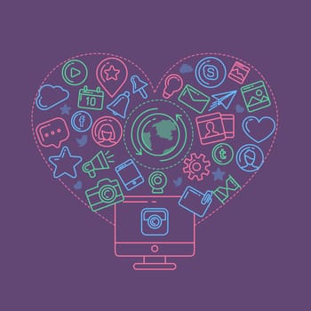 Flat linear infographic elements of social media, social networking, mobile app, sharing, communication, and social commerce.