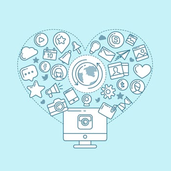 Flat linear infographic elements of social media, social networking, mobile app, sharing, communication, and social commerce.