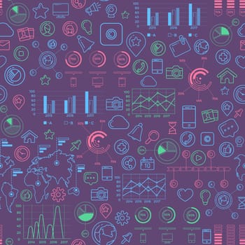 Flat linear infographic elements of social media, social networking, mobile app, sharing, communication, and social commerce.