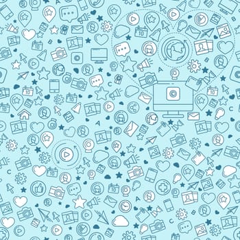 Flat linear infographic elements of social media, social networking, mobile app, sharing, communication, and social commerce.