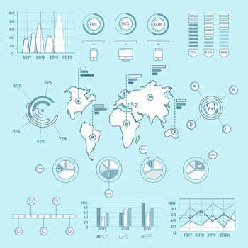 Flat linear infographic elements of social media, social networking, mobile app, sharing, communication, and social commerce.