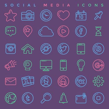 Flat linear infographic elements of social media, social networking, mobile app, sharing, communication, and social commerce.