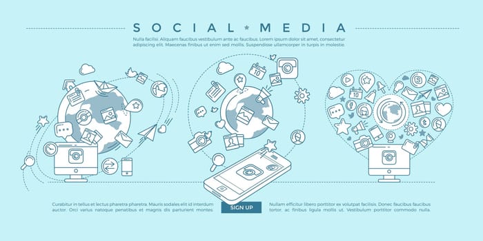 Flat linear infographic elements of social media, social networking, mobile app, sharing, communication, and social commerce.