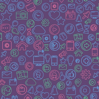 Flat linear infographic elements of social media, social networking, mobile app, sharing, communication, and social commerce.