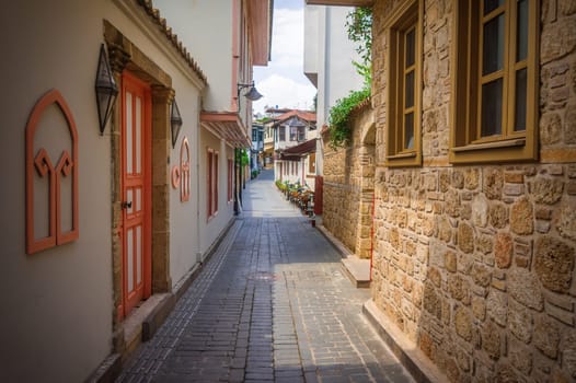 A view of the narrow streets of the old town of Kalechi in Antalya, Turkey.