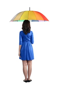 Backview of asian woman holding colorful umbrella isolated over white background