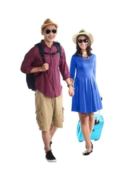 Attractive couple of tourist isolated over white background