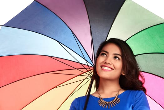 Asian woman holding umbrella isolated over white background