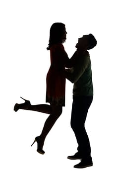 Silhouette of couple holding hand isolated over white background