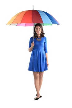 Asian woman holding colorful umbrella isolated over white background