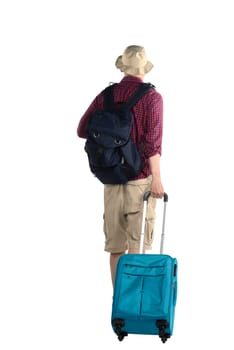 Young male tourist carry suitcase isolated over white background