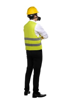 Asian worker wearing safety vest and yellow helmet isolated over white background
