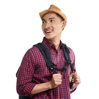 Young asian traveler smile isolated over white background