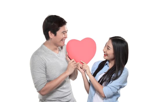 Asian couple celebrate valentine isolated over white background