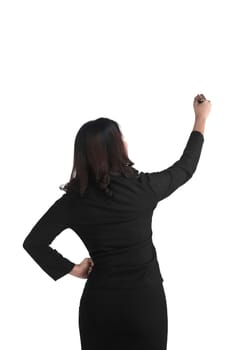 Asian business woman writing something isolated over white background