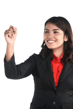 Asian business woman write something isolated over white background