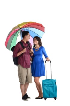 Asian tourist couple smiling isolated over white background