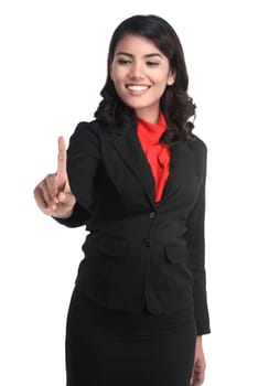 Asian business woman push something isolated over white background