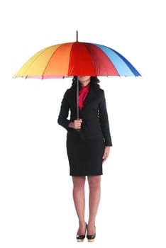 Business woman holding colorful umbrella isolated over white background